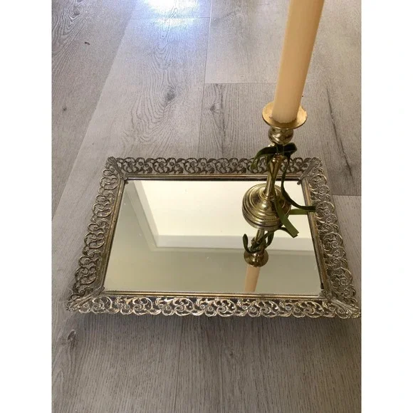 Vintage Hollywood Regency Mirrored Vanity Tray Gold Filigree Ornate Metal 13.5