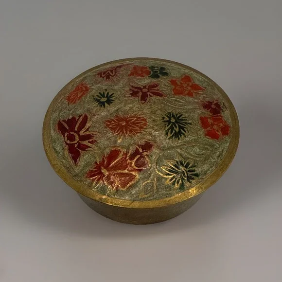 Brass Cloisonne Indian Vintage Pill/Trinket/Snuff Box Floral Design Small‎