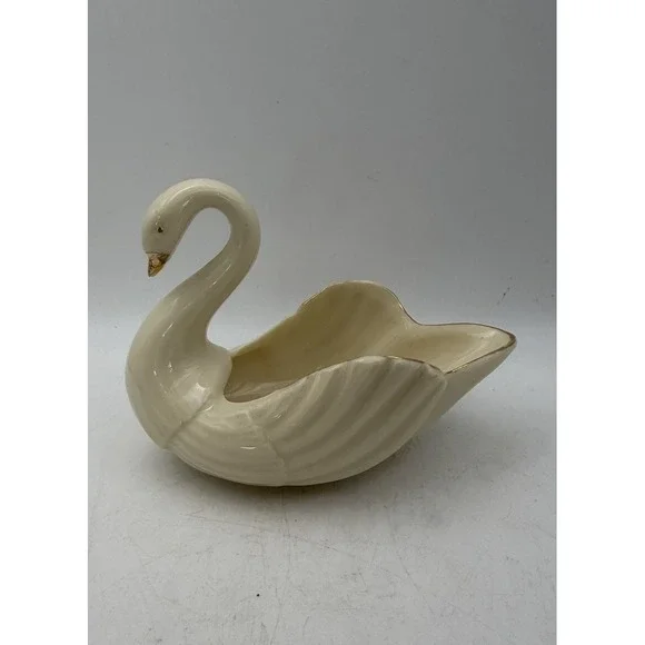 Vintage White Ceramic Swan Planter Trinket Dish Gold Trim Vanity Catchall 4.5