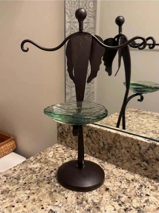 Angel Soap/Towel Holder Bathroom Rustic Countertop Forged Iron Glass Dish Cottag
