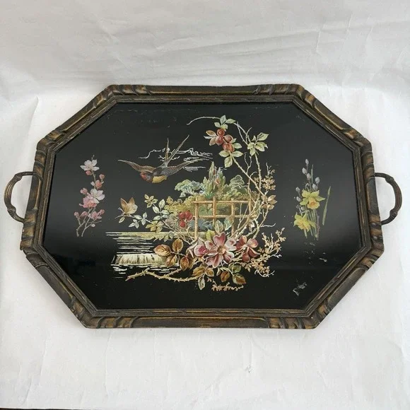 Vintage Dark Floral Tray Glass Top Moody Decor Bird Victorian Revival Black