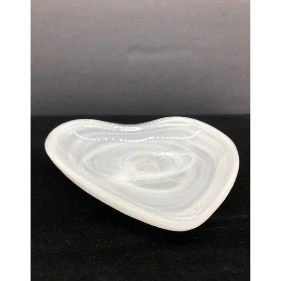 White Swirl Alabaster Glass Heart Trinket Dish Etched Skull Crossbones Decor