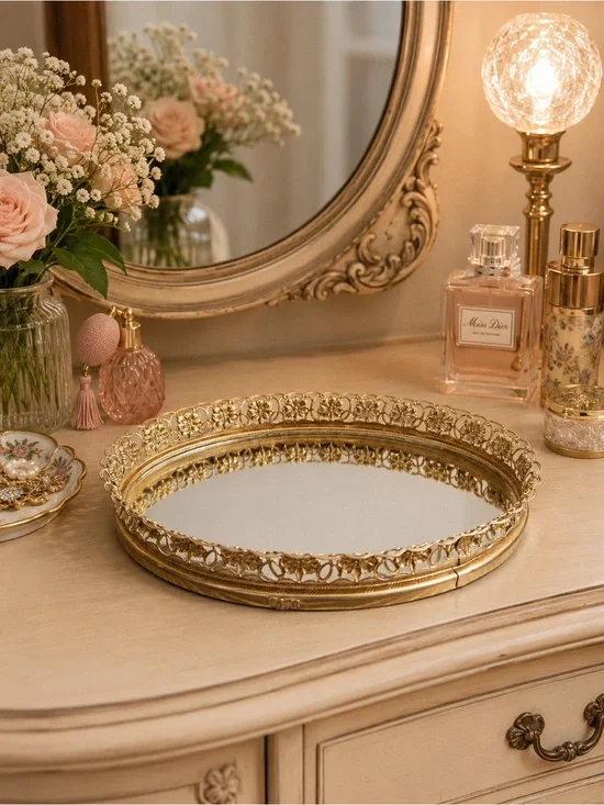 Vintage Gold Mirrored Vanity Tray