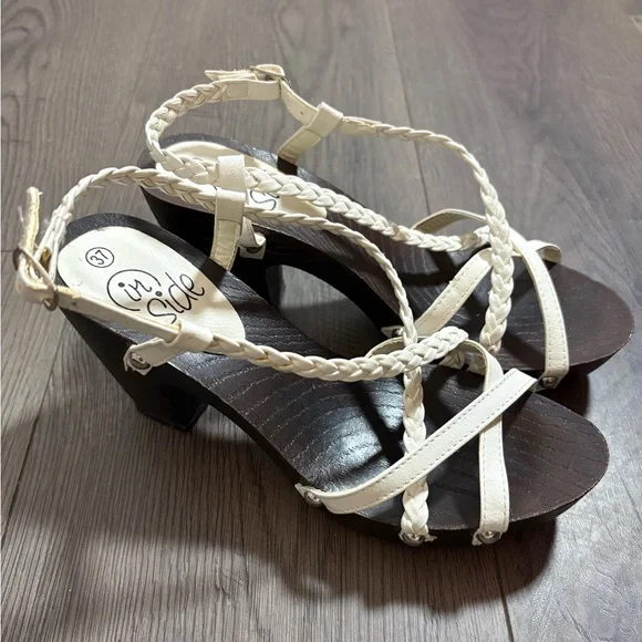 White Braided Strapped Faux‎ Wood Block Heel Studded Sandals Italian Classic