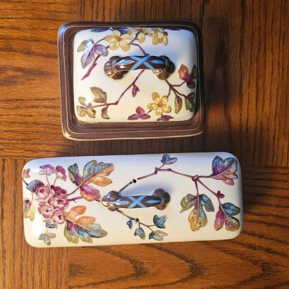 Floral Ceramic Vanity Set Trinket Box and Soap Dish Gold Trim Botanical Decor