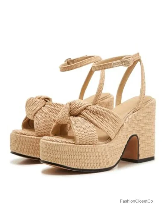 Raffia Platform Sandals, Comfortable Block Heel with Adjustable Ankle Strap