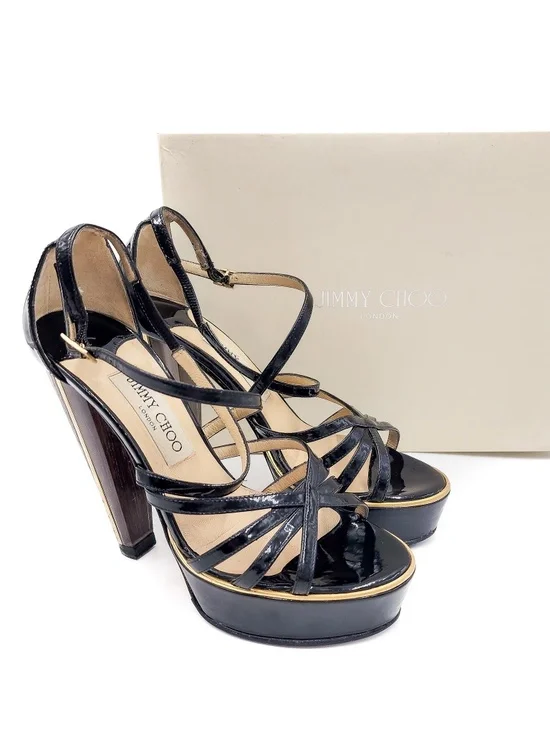 JIMMY CHOO Black Patent Leather Strap Lucite Platform Block Heel Sandals EU 37