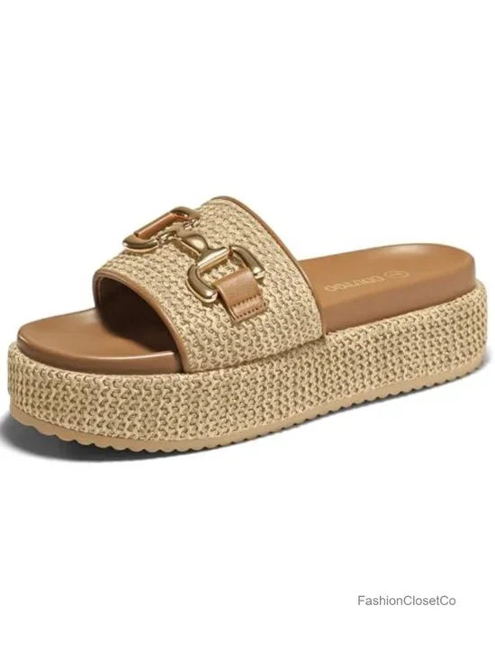 Raffia Platform Sandals with Metal Chain - Slip On Espadrilles Open Toe Beach