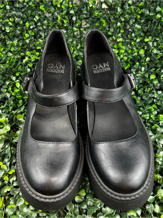 MADDEN NYC Black Leather Mary Jane Loafers with Buckle Strap size 8.5 woman