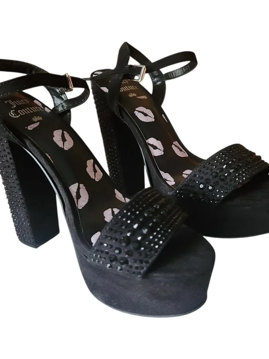 Juicy Couture Black Trice Rhinestone Platform Block  With Kissing Lip- Size 8
