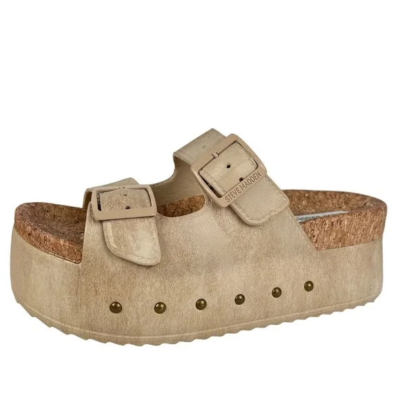 Steve Madden Kali Tan Platform Buckle Slide Sandals Studded Women 9M KALI12S1