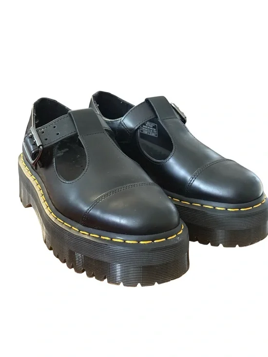 Dr. Martens Black Leather Platform Mary Jane with Yellow Stitching