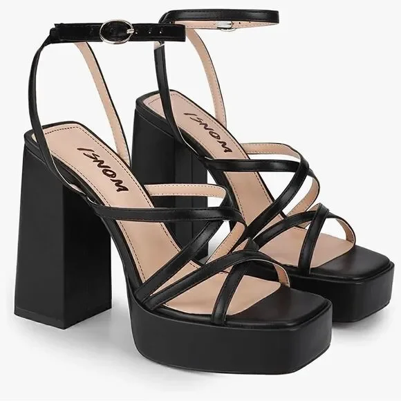 ISNOM Platform Chunky Block Heel Sandals with Open Square Toe size 7