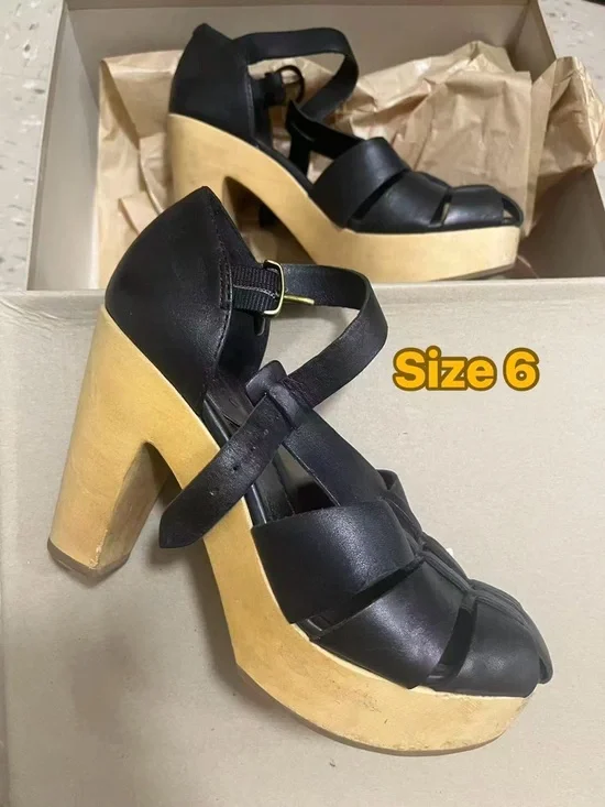 Madewell Black Leather Platform Sandal with Wooden Heel - Size 6
