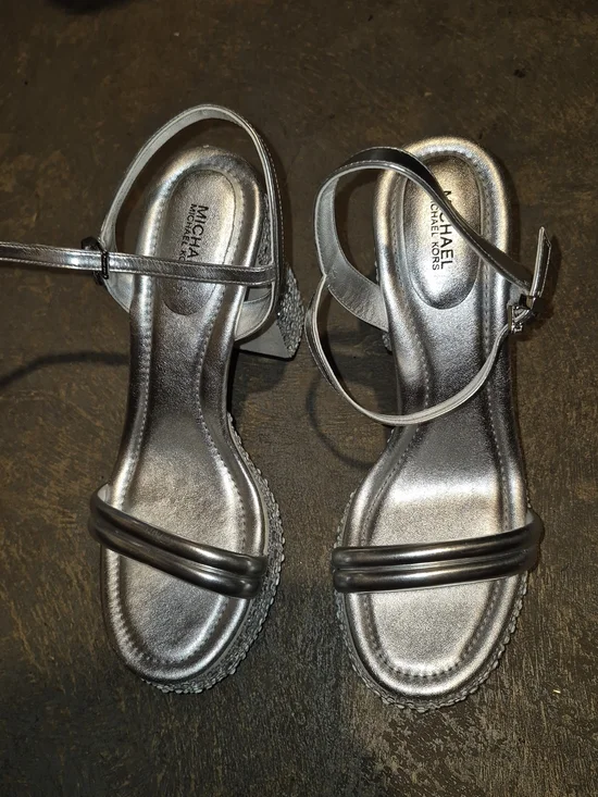 MICHAEL Michael Kors Silver Metallic Two-Strap Ankle Sandals