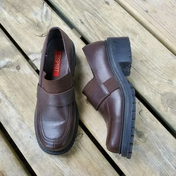 Vintage 90s y2k Esprit Bratz Brown Leather Chunky Block Heel Platform‎ Oxfords