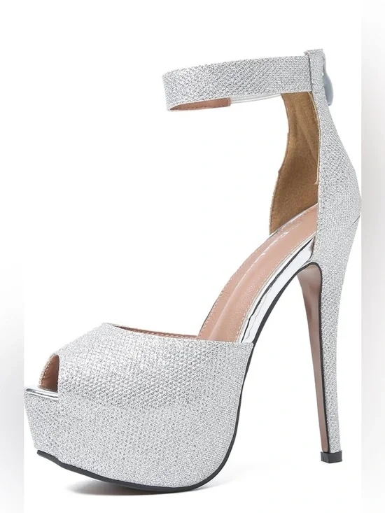 Silver Glitter Platform Peep Toe Stiletto Heels w/ ankle strap size 9