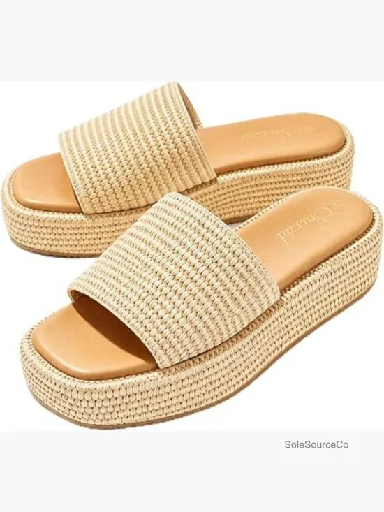 Platform Raffia Sandals, Woven Slip On Straw Sandals for Women, Summer Beach