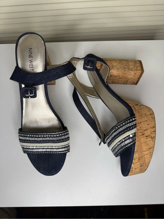 Nine West Navy and Cork Platform Sandals with Beaded Straps