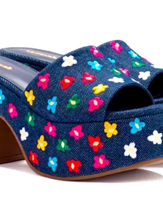 Larroude Miso - Denim Floral Embroidered Platform Mule / Slide, worn once