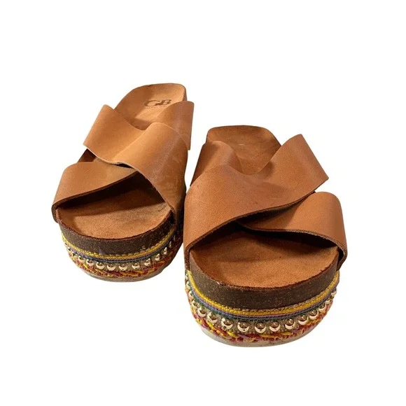 Gianni Bini Womens Tan Leather Crisscross StuddedCork PlatformSlide Sandals 5.5M