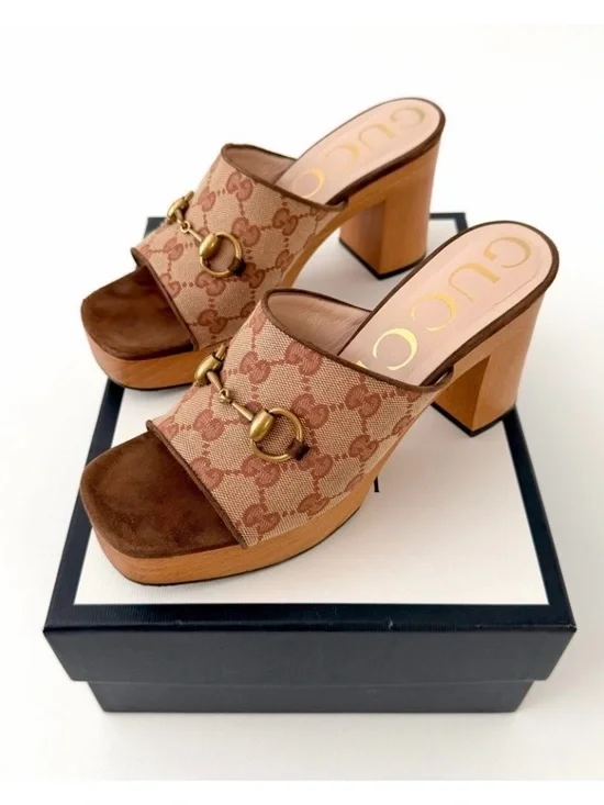 Gucci Brown & Tan GG Canvas Horsebit Platform Sandals