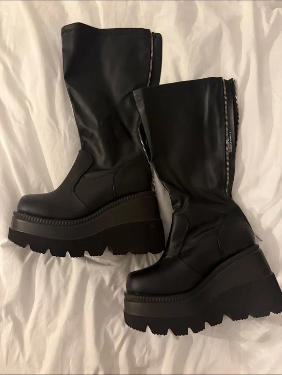 Demonia Black Chunky Platform wide calf Mid-Calf Boots with Side Zip
