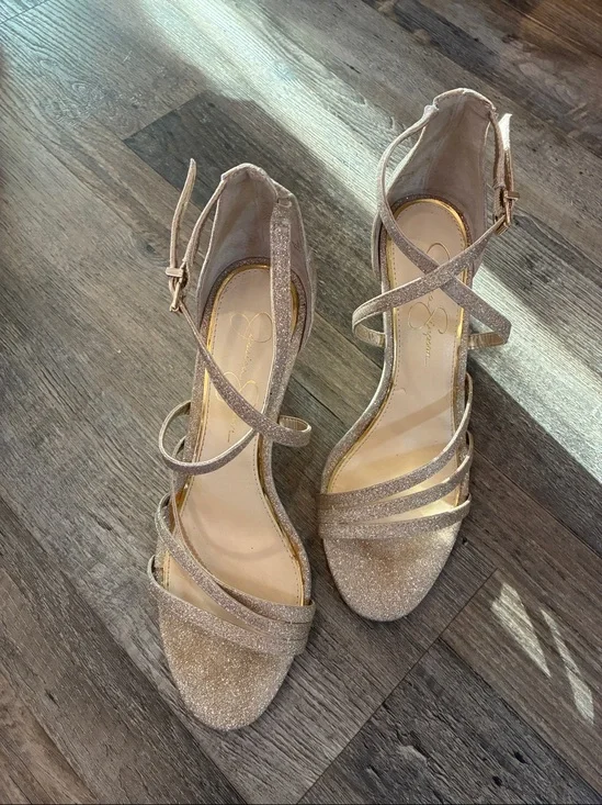 Jessica Simpson Platform Gold Glitter Strappy Heels Sz 8.5