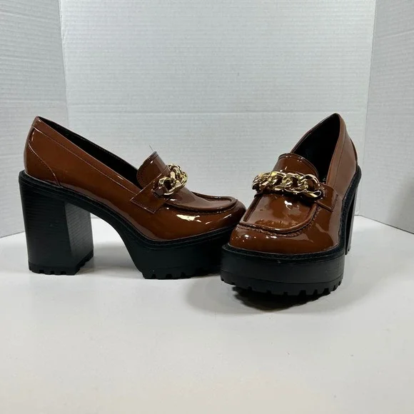 Madden Girl Heel Womens 10 Brown Patent Chain Cognac Platform Chunkie Loafers