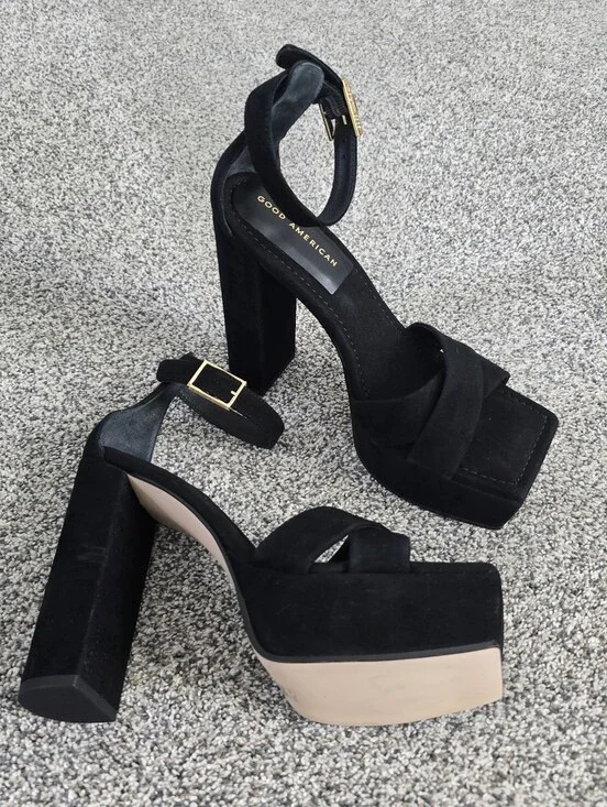 Good American Black Suede Square Toe Platform Ankle Strap Heels
