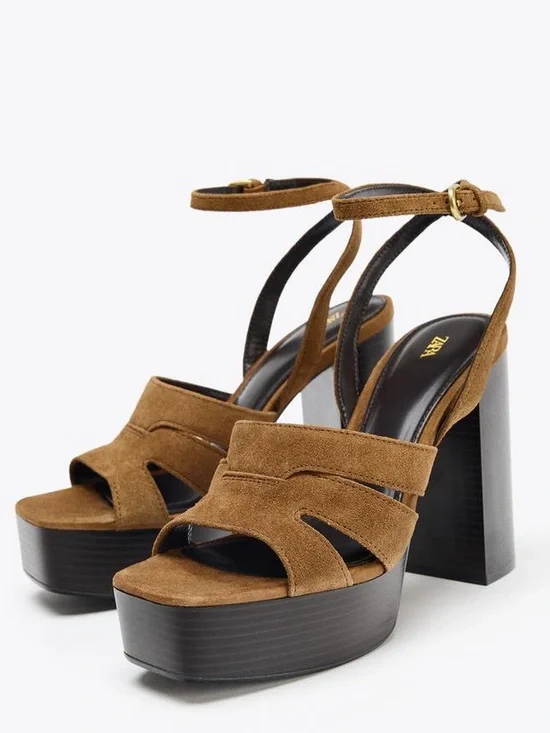 Zara Brown Suede Platform Block Heel Sandals with Ankle Strap. 9