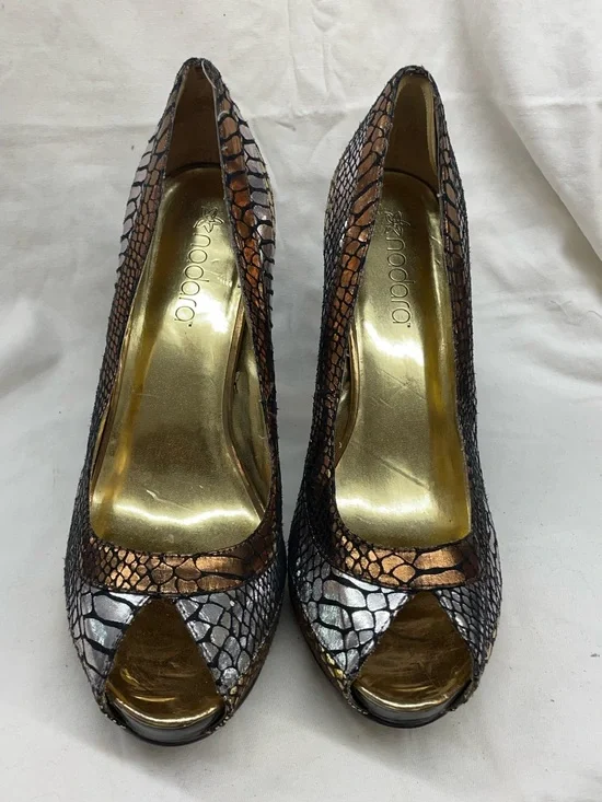 Nadara Metallic Copper & Silver Peep-Toe platform Pumps ladies sz 11