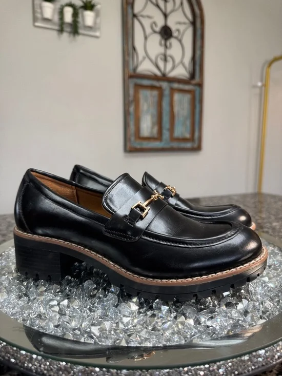 Dream Pairs Black Leather Lug Sole Loafers with Gold Hardware