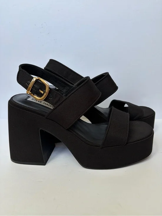 Steve Madden Black Platform Slingback Chunky Sandal/Heel with Gold Buckle