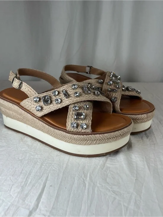 Copper Key Woven Strap Natural Beige Jeweled Platform Espadrille Sandals sz9.5