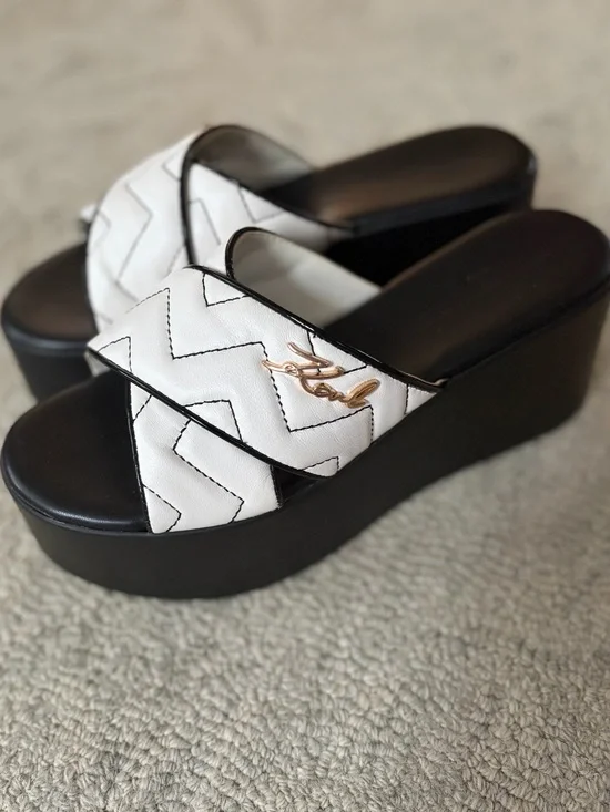 Karl Lagerfeld Paris Platform Wedge Slide Sandals Black White Size 7.5