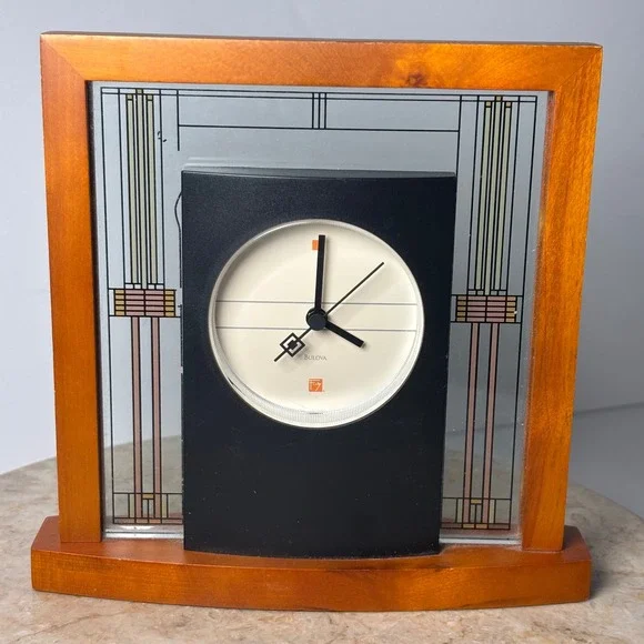 Bulova Frank Lloyd Wright Exhibition Table Clock Brown Wood Glass Mission FLAW