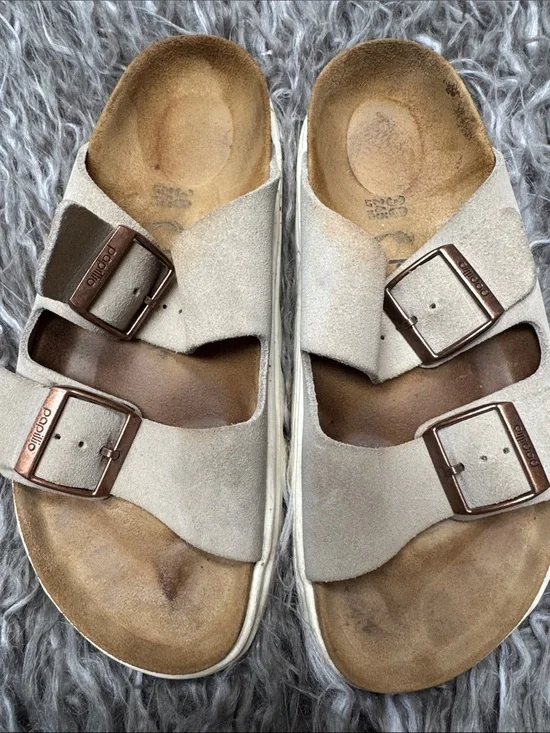 Papillio Two-Band Buckle Suede Platforms by Birkenstock-Taupe
