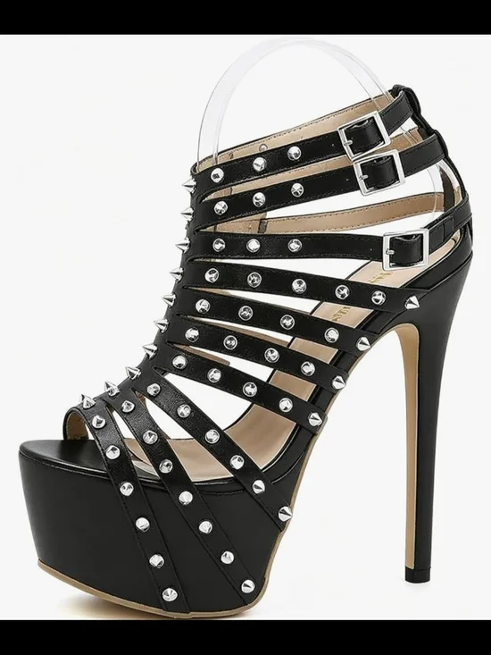 Black Studded Strappy Platform Stiletto High Heels Size 7 New
