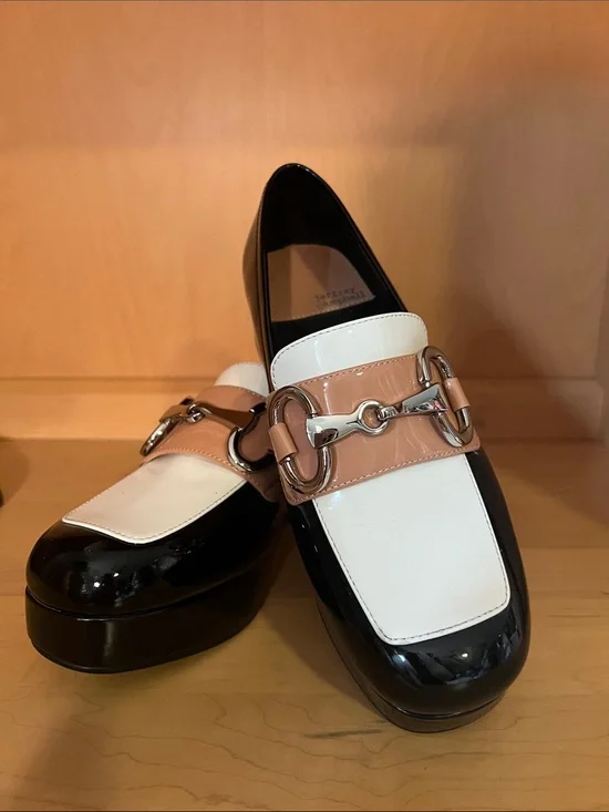 Jeffrey Campbell Black White and Beige Patent Horsebit Platform Loafers