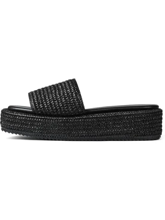 Women's Black Leather Woven Wedges Beach Slip On Comfortable Casual Platform