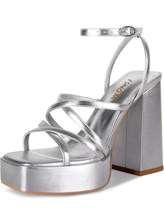 Silver Strappy Block Heel Sandals - Women
