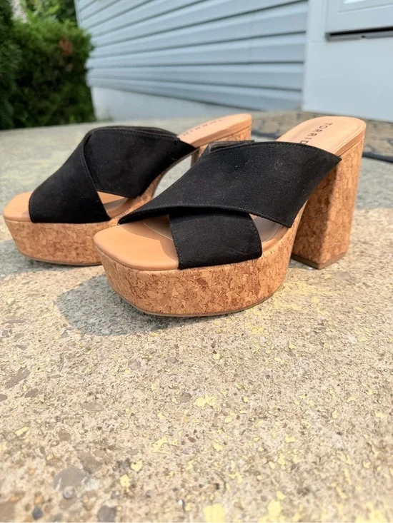 Platform Cork Block Heel Mules in Black