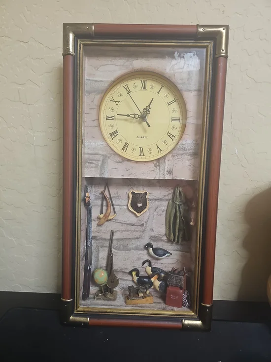 vintage Victorian shadow box clock featuring a hunting or outdoorsman theme