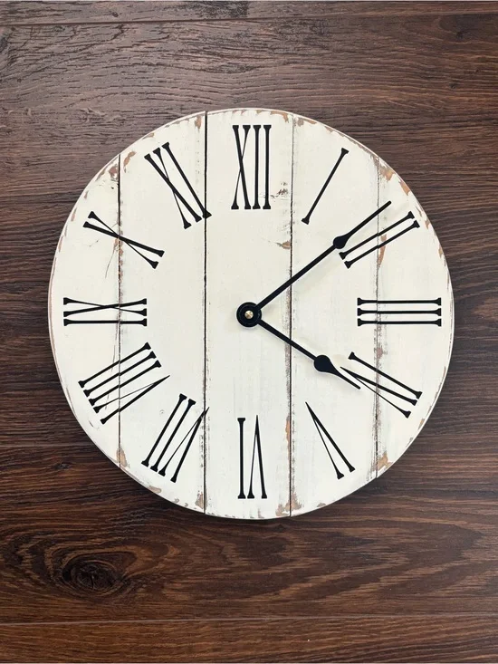 Rustic Wood White Wall Clock with Black Roman Numerals -