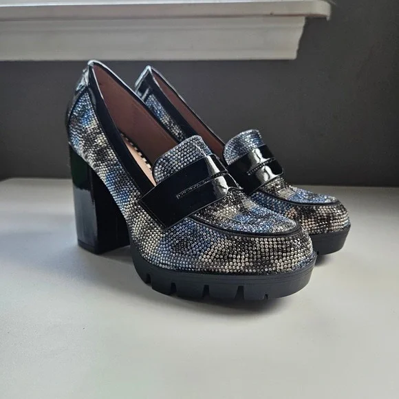 Rhinestone Heel Loafers Platform Block Plaid 6.5 Glam Sparkle Maximalist Party