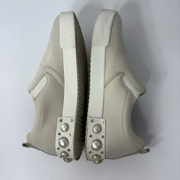 Karl Lagerfeld Paris Evy Pearl Embellished Platform Sneaker‎ Ecru 10M Luxe Chic