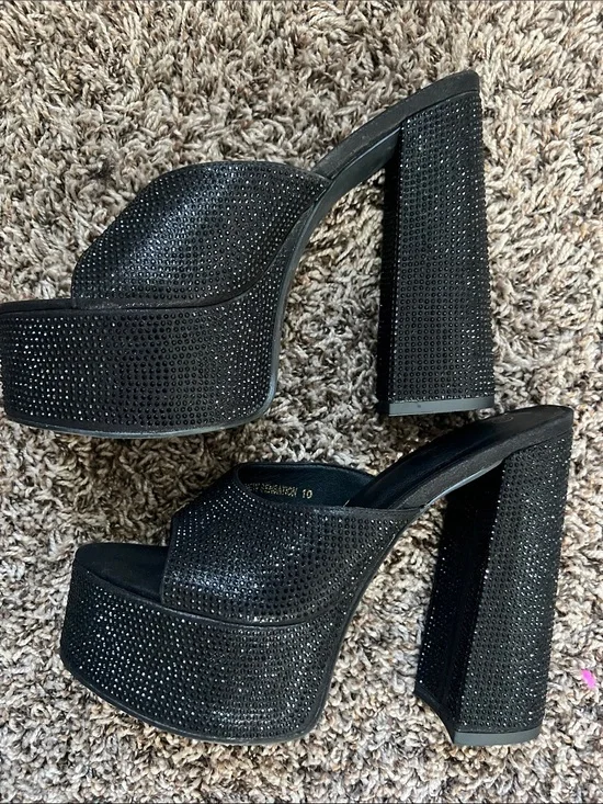 Black Rhinestone Platform Slide Heels - Women's