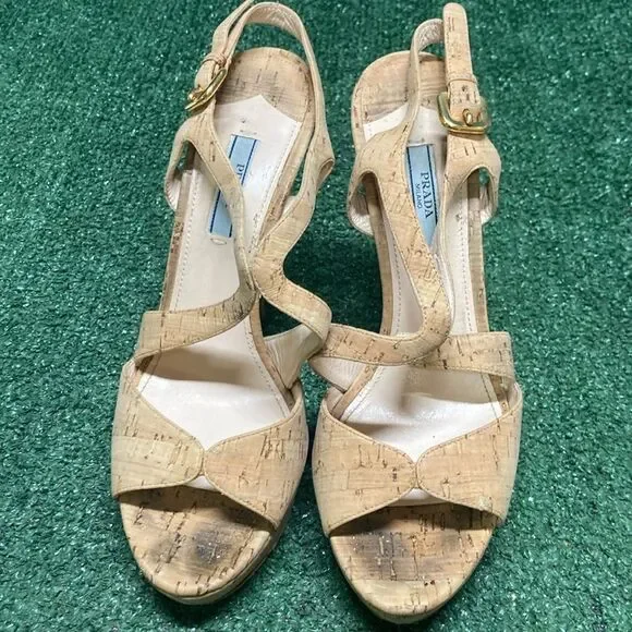 Prada Natural Cork Platform Sandals with Gold Buckles
