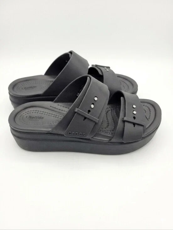 Crocs LiteRide Brooklyn Buckle Low Wedge Platform Sandal Women 7 Black